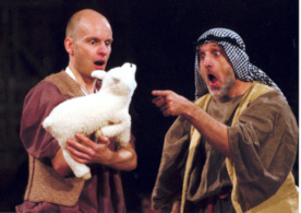 Shepherds Bob and Jenkins are amazed at the behaviour of their sheep Lambert